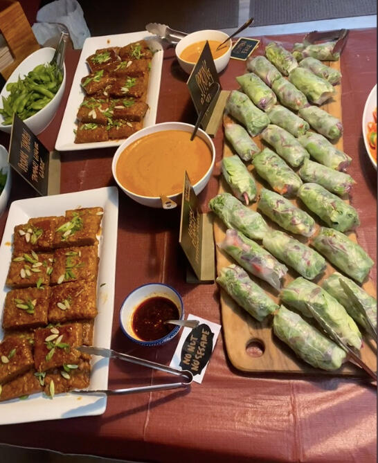 Veggie spring rolls, tamari braised tempeh, and umami peanut sauce